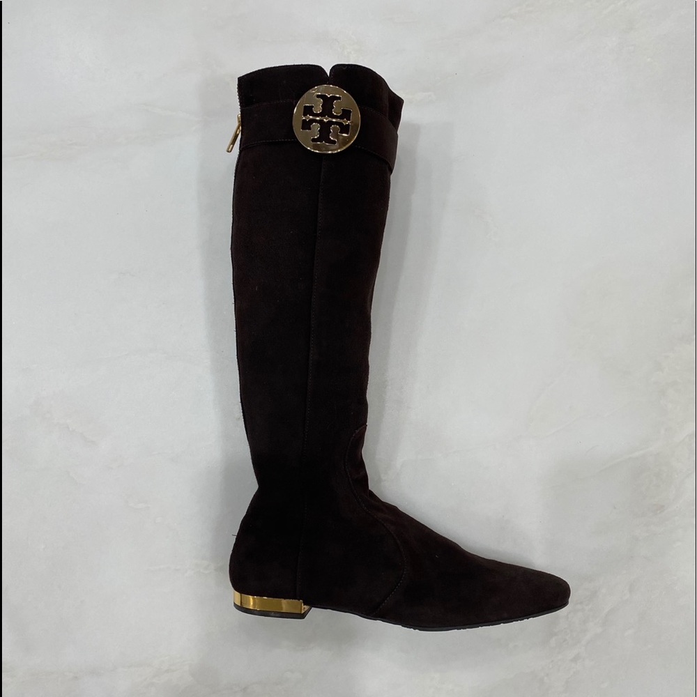 Tory Burch Brown Suede Boots Flat Heel Gold Logo